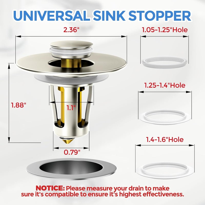 zaa Bathroom Sink Stopper - 2Pack Bathroom Sink Drain Strainer,Pop Up Bathroom Drain Stopper with Anti-Clogging Filter Basket,for 1.05~1.65 in U.S.Standard Basin Drain Holes,Brushed Nickel - Image 5